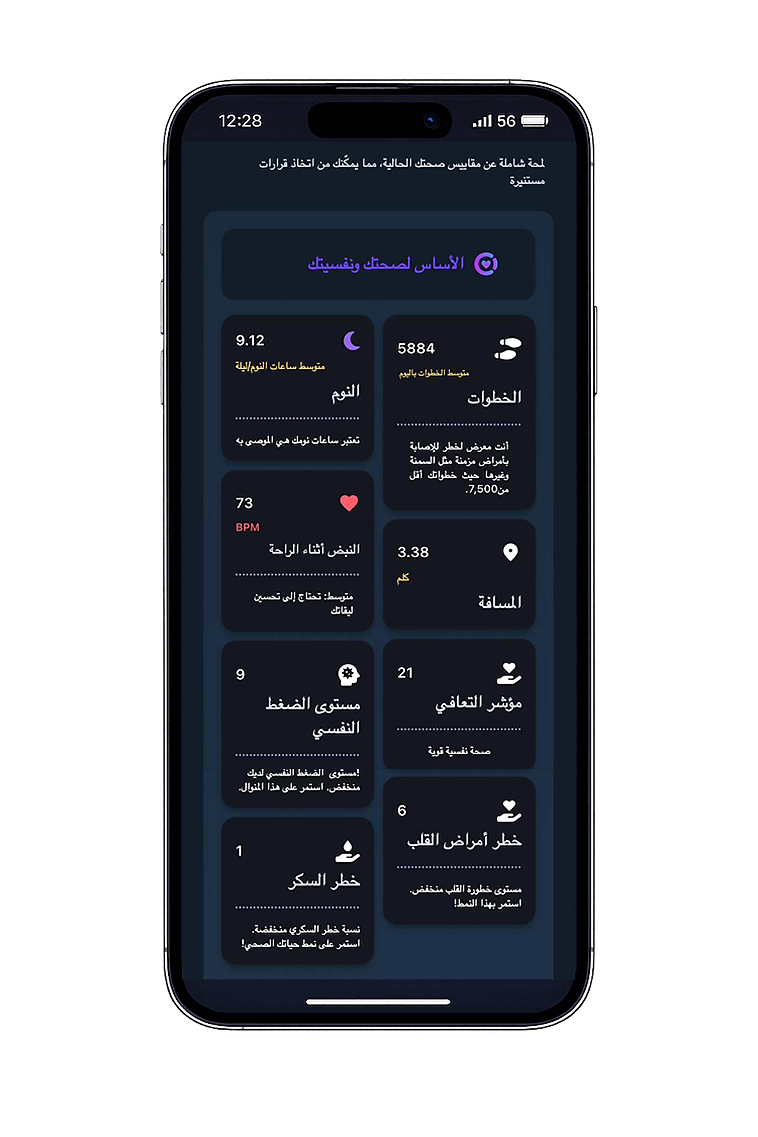لقطة للتقرير الصحي الأولي في تطبيق ون كير