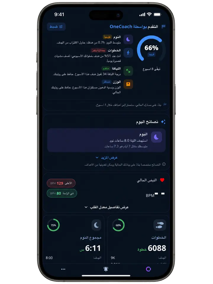 شاشة تطبيق ون كير لمتابعة التقدم وتحقيق الأهداف